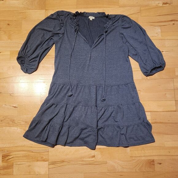 2/$15 Max Studio 3/4 Sleeve Tiered Dress Slate Split Neck Boho, Women's Medium - Picture 3 of 7
